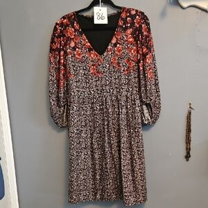 #86 Maurices Black and Pink Floral Lined Long Sleeve midi  Dress